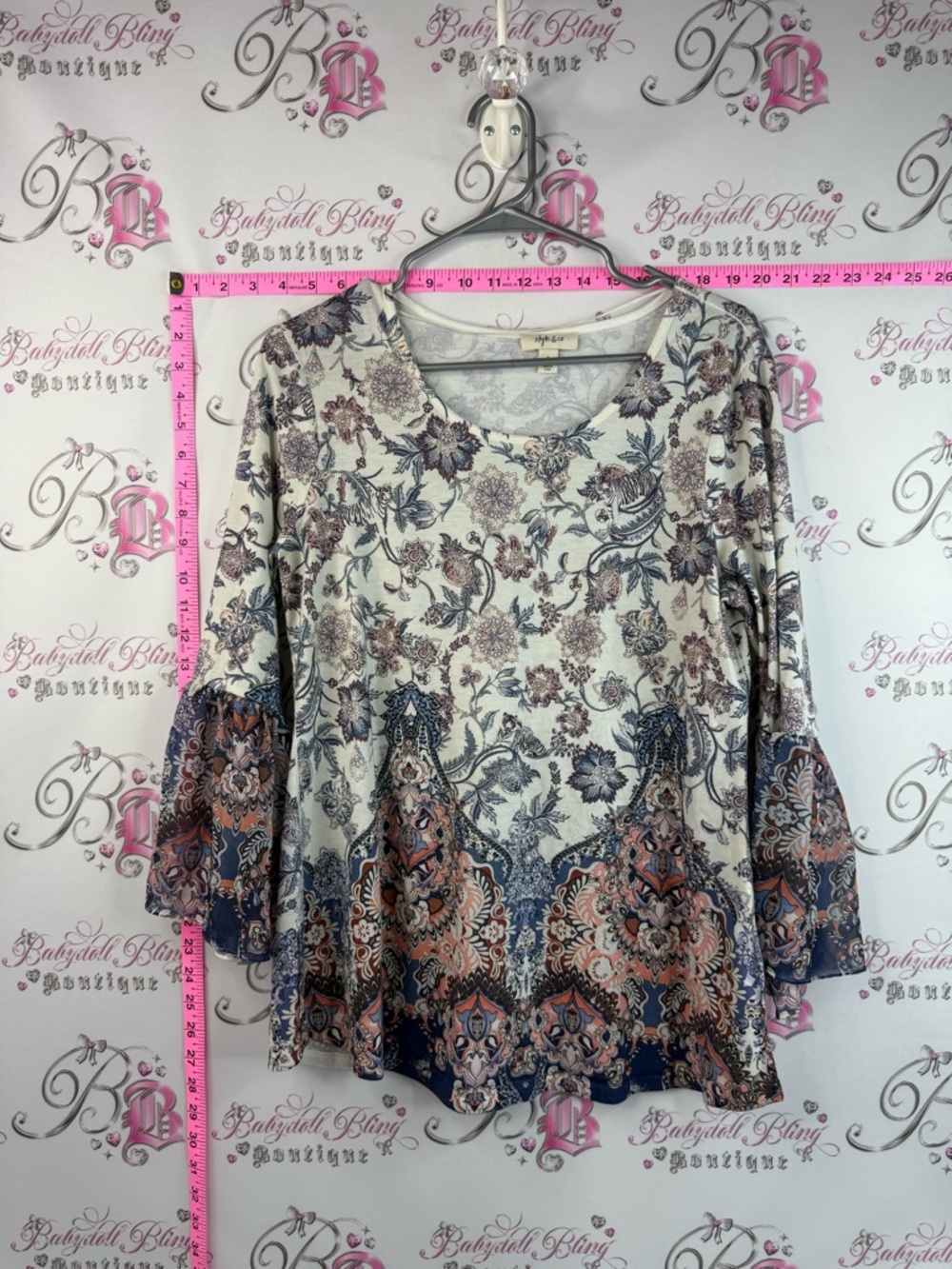 Style & Co. Tunic Top Scoop neck with a Cream Blue and Rust Paisley Hem